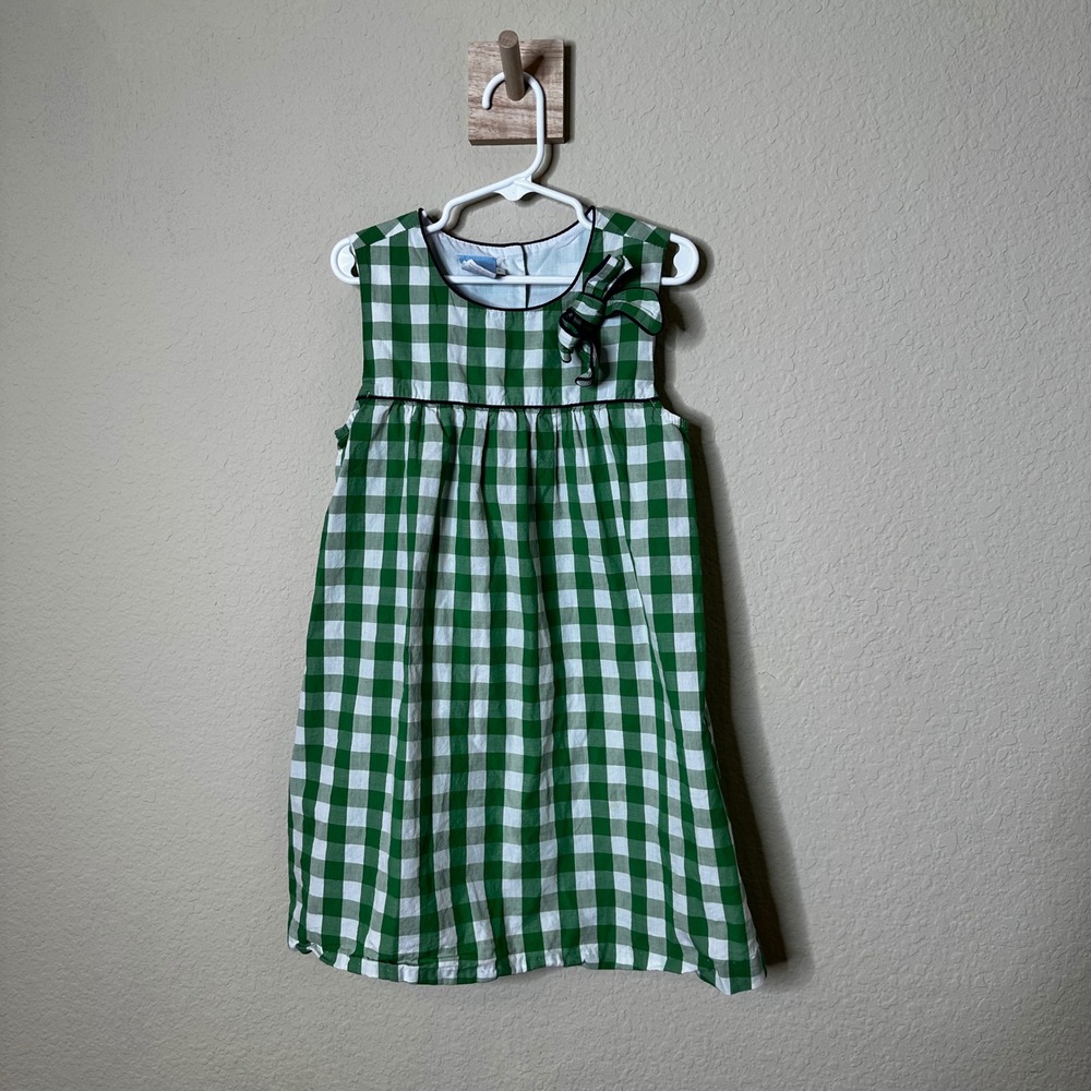 Bella Bliss Girls Green Gingham Cotton Bow Accent Empire Waist Dress Size 7